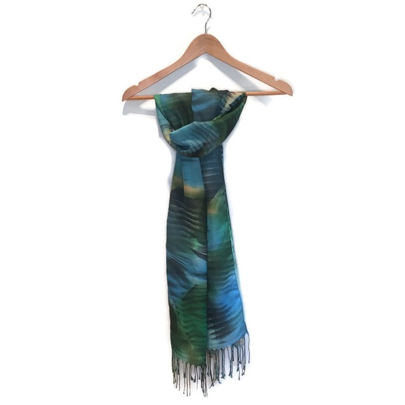 Scarf with abstract pattern in blues & green - Picture 3 of 10